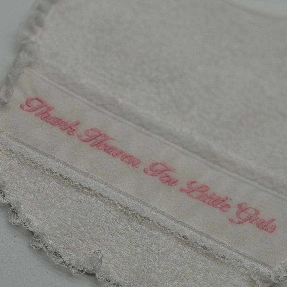 Little Me Vintage Baby Bib Thank Heaven For Little Girls White Lace Trim US Made